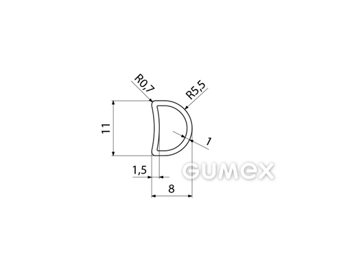 Silikónový profil tvaru "D" s dutinkou, 11x8/R5,5mm, 60°ShA, -60°C/+180°C, transparentný